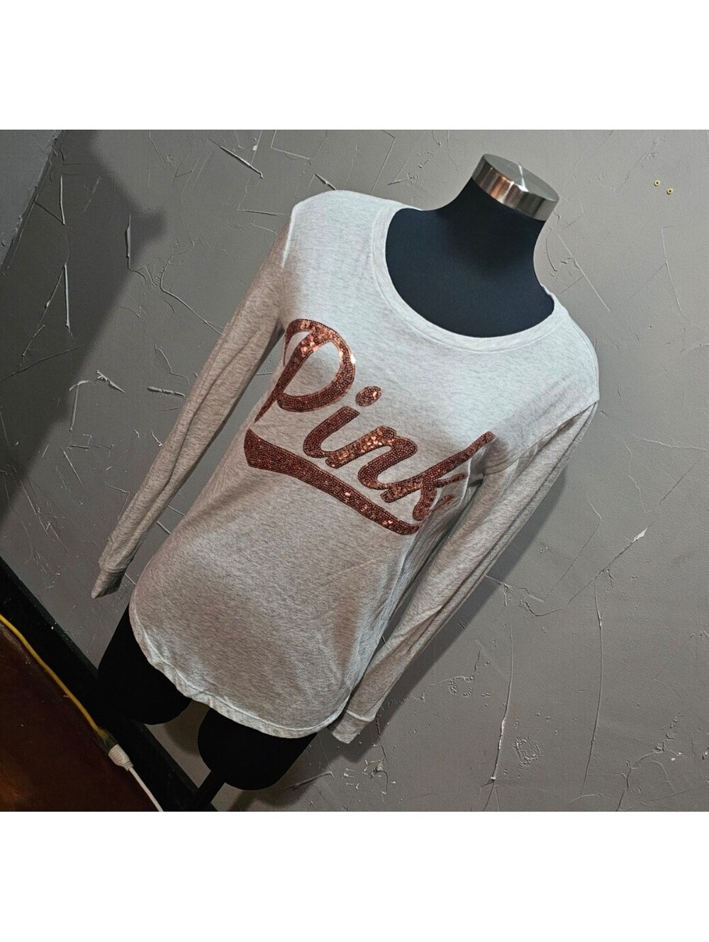 Victoria's Secret Pink Long Sleeve Gray Shirt with Rose Gold Sequin Logo Medium